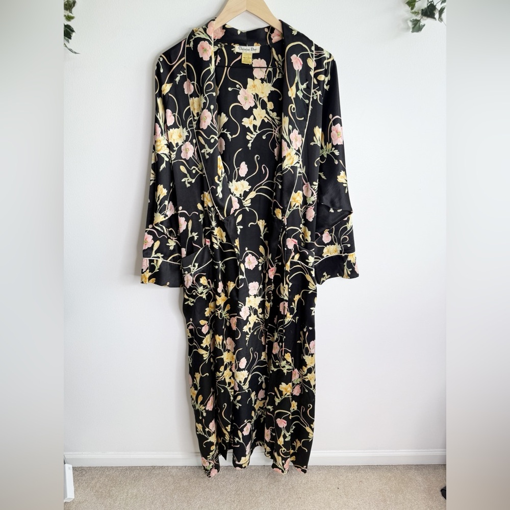 CHRISTIAN DIOR Vintage Black Floral Satin Robe Size Medium